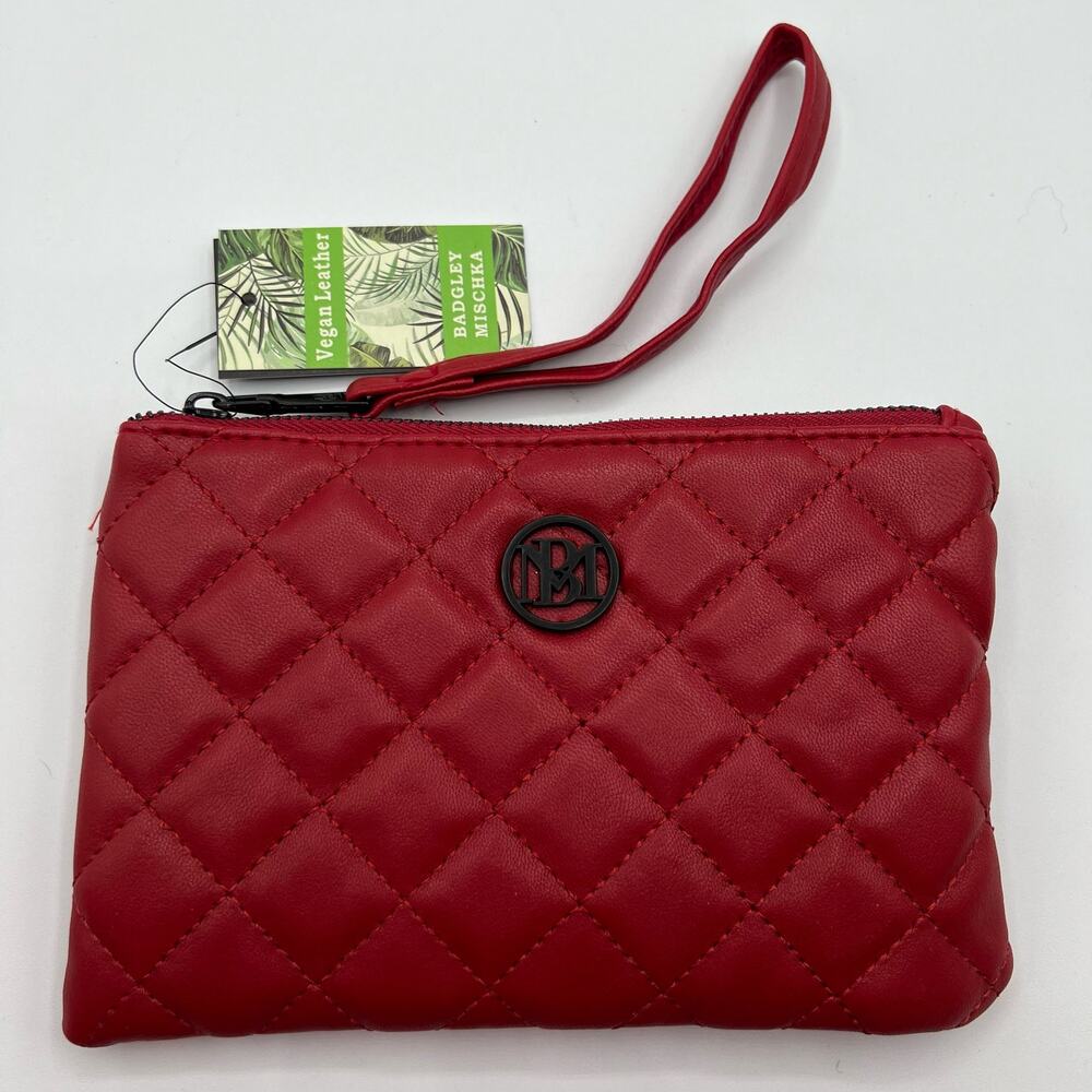 Badgley Mischka Vegan Leather Card Holder Wallet Wristlet Red Quilted Zips NWT